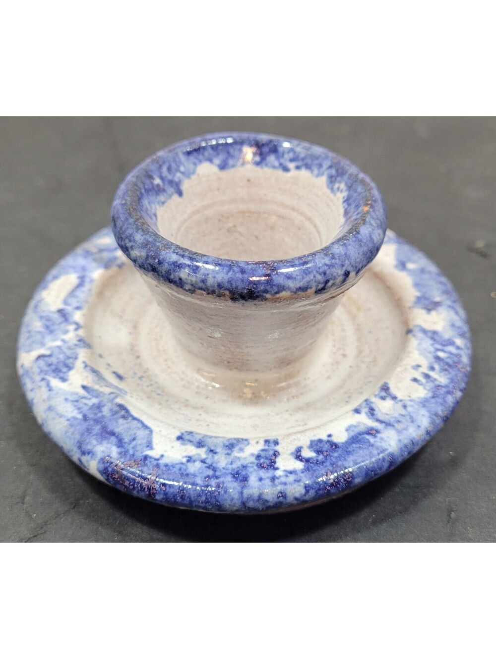Vintage 3.5" Handmade Stoneware Pottery Candle Holder w/Blue & White Glaze